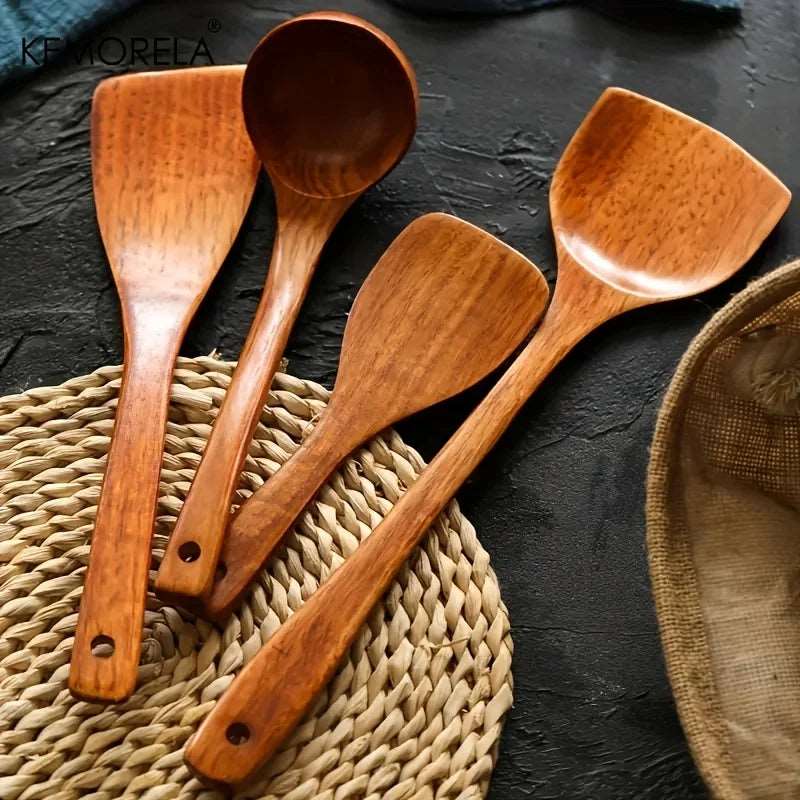 4PCS Wooden Spatula Long Handle Rice Spoon Wooden Soup Spoon Spatula Cooking Spoons Kitchen Accessories House Kitchenware Set