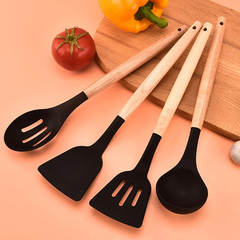 12 Pcs Silicone Kitchen Utensils Set Non-Stick Cookware for Kitchen Wooden Handle Spatula Egg Beaters Kitchenware Accessories