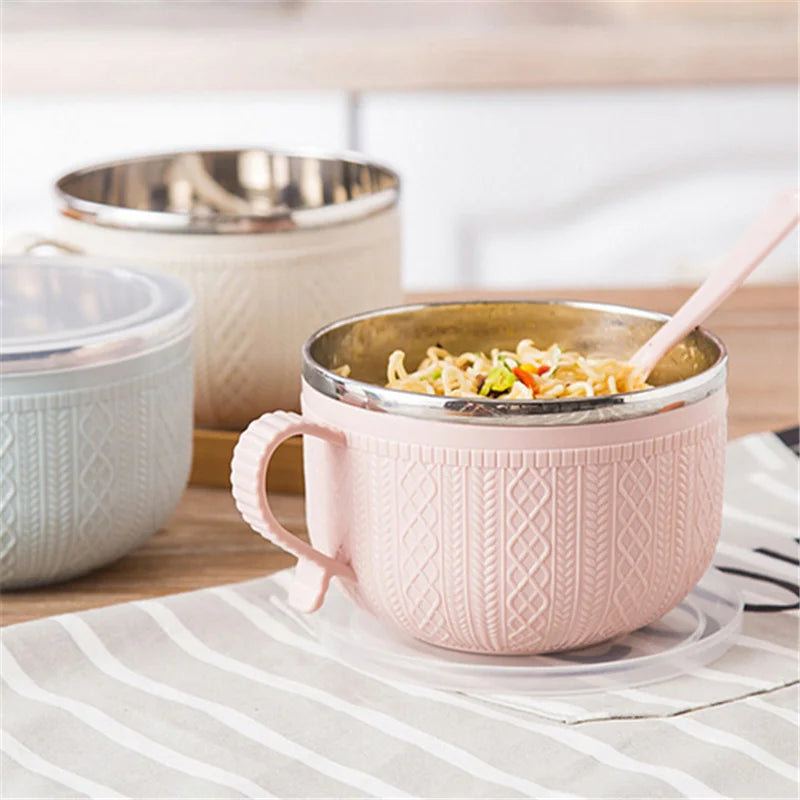 Bowl Stainless Steel Double-layer Ramen Noodles Bowl Anti-scalding Instant Noodle Bowl Large Capacity With Lid and Spoon Tableware