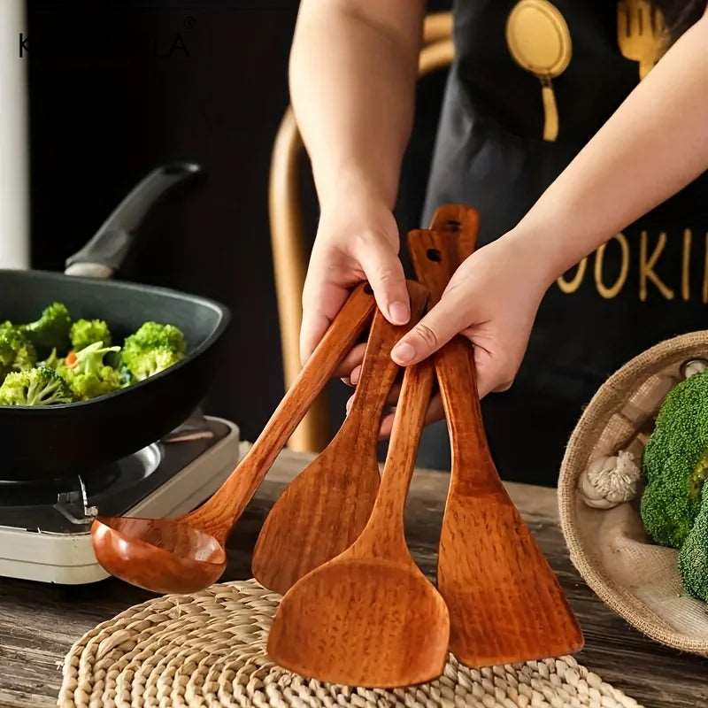 4PCS Wooden Spatula Long Handle Rice Spoon Wooden Soup Spoon Spatula Cooking Spoons Kitchen Accessories House Kitchenware Set